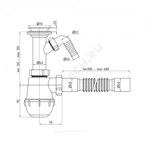 Сифон для умывальника/мойки бутылочный Ани Грот 1 1/2"x40 с гофрой 40х40 с отводом (штуцером) литой выпуск с нержавеющей решёткой D=70мм АНИ Пласт A2005