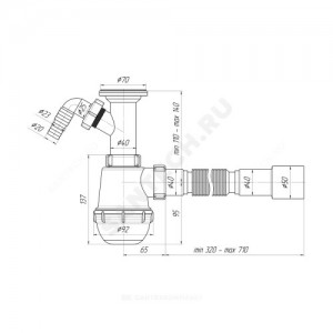 Сифон для умывальника/мойки бутылочный Ани Грот 1 1/2"x40 с гофрой 40х40/50 с отводом (штуцером) литой выпуск с нержавеющей решёткой D=70мм АНИ Пласт A2015