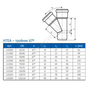 Тройник PP-H переходной серая HT HTEA Дн 110х50х67гр б/нап в/к Ostendorf 115320