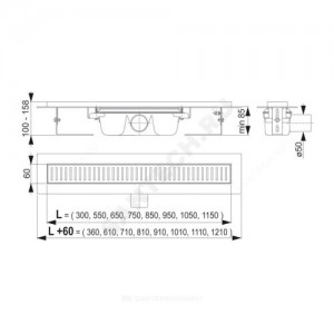 Лоток душевой с гидрозатвором Дн 50 без решетки 1150х60 горизонтальный выпуск Alca Plast APZ1-1150 SMART