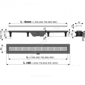 Лоток душевой с гидрозатвором+механический сухой затвор Дн 40 с нержавеющей решеткой 650х60 горизонтальный выпуск Alca Plast APZ8-650M