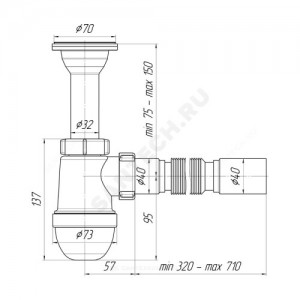 Сифон для умывальника/мойки бутылочный 1 1/2"x40 с гофрой 40х40 литой выпуск с нержавеющей решёткой D=70мм АНИ Пласт C0505