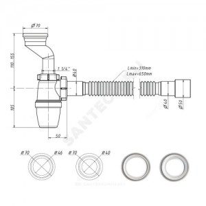 Сифон для писсуара бутылочный 1 1/4"x40 с гофрой 40х40/50 литой выпуск с резиновой манжетой D=40мм и D=46мм Орио P-31009