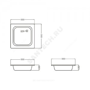 Поддон душевой чугунный квадрат 800х800х160 с противоскользящим покрытием белый Selena .