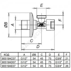 Кран латунный бытовой угловой G1/2" Ру10 НР Icma 90519AD07